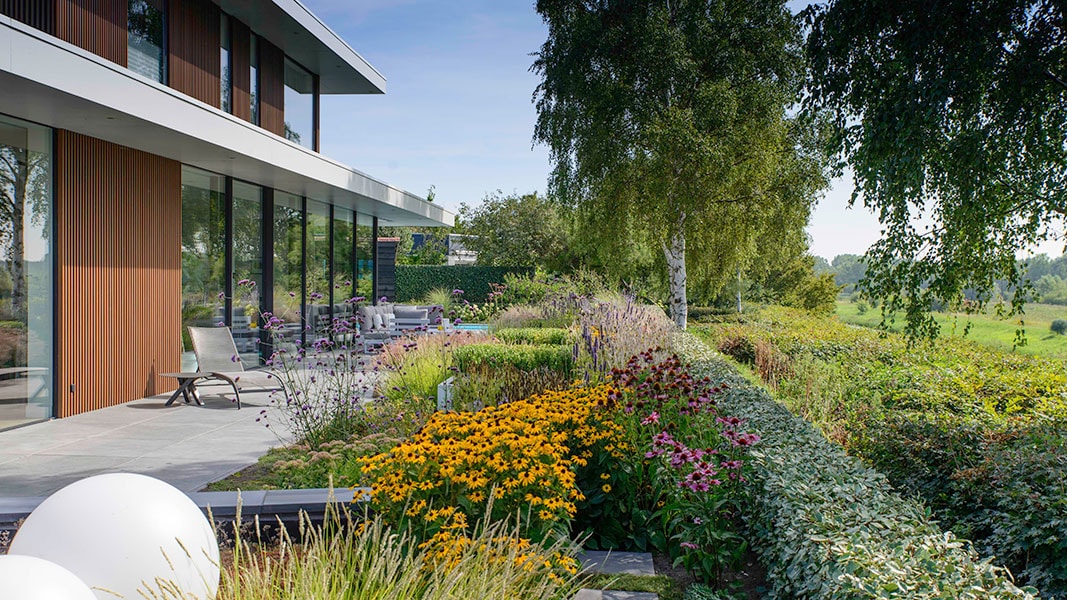 Moderne bloementuin met zwembad